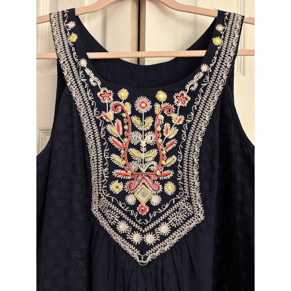 Maeve Anthropologie Navy Embroidered Dress Size 2 Oversized  Boho Tiered Cotton - Picture 6 of 11